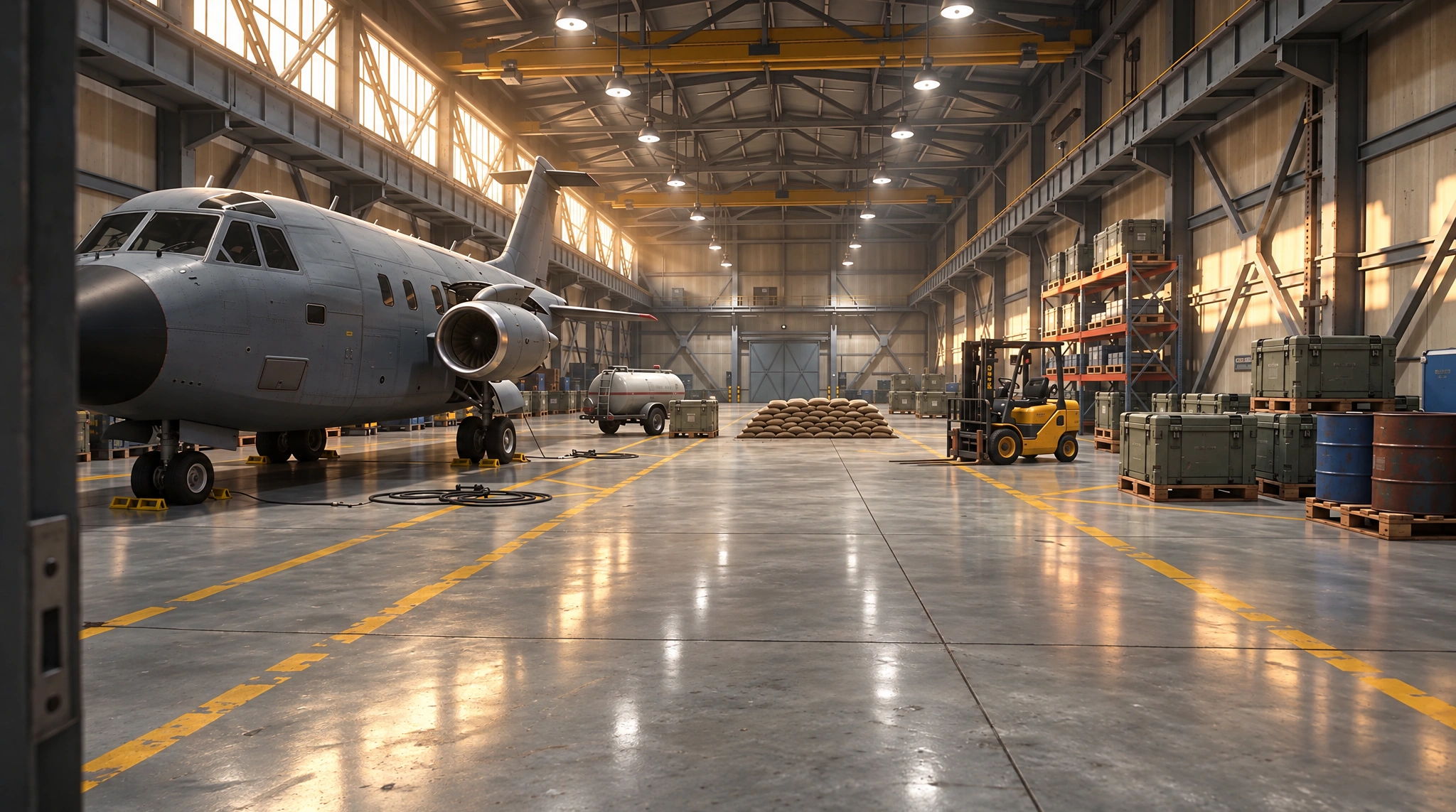 Illustration: the same hangar hall finished, golden light through the high windows over a gray transport plane, a white fuel trailer, sandbags, a yellow forklift, olive crates, blue barrels and orange shelving racks