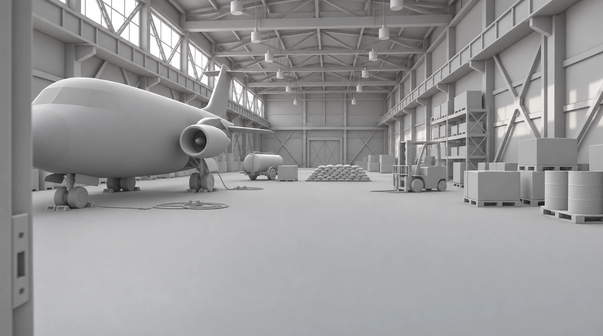 Illustration: grey blockout of an aircraft hangar hall with a transport plane, a fuel trailer, a wall of sandbags, a forklift, crates and shelving racks