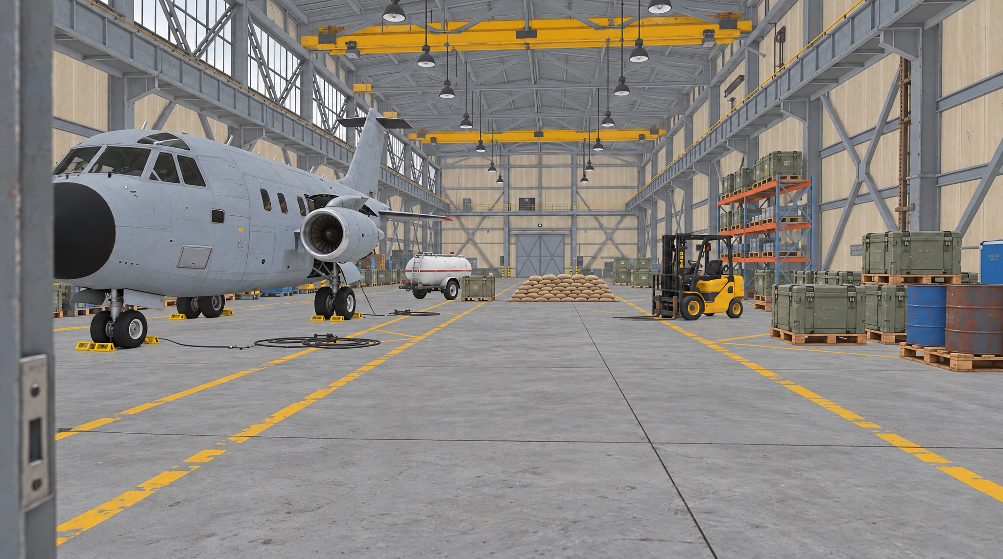 Illustration: the same hangar hall in Unreal’s Unlit view, the plane, fuel trailer, sandbags, forklift, crates and shelving racks in flat colors with no light or shadow