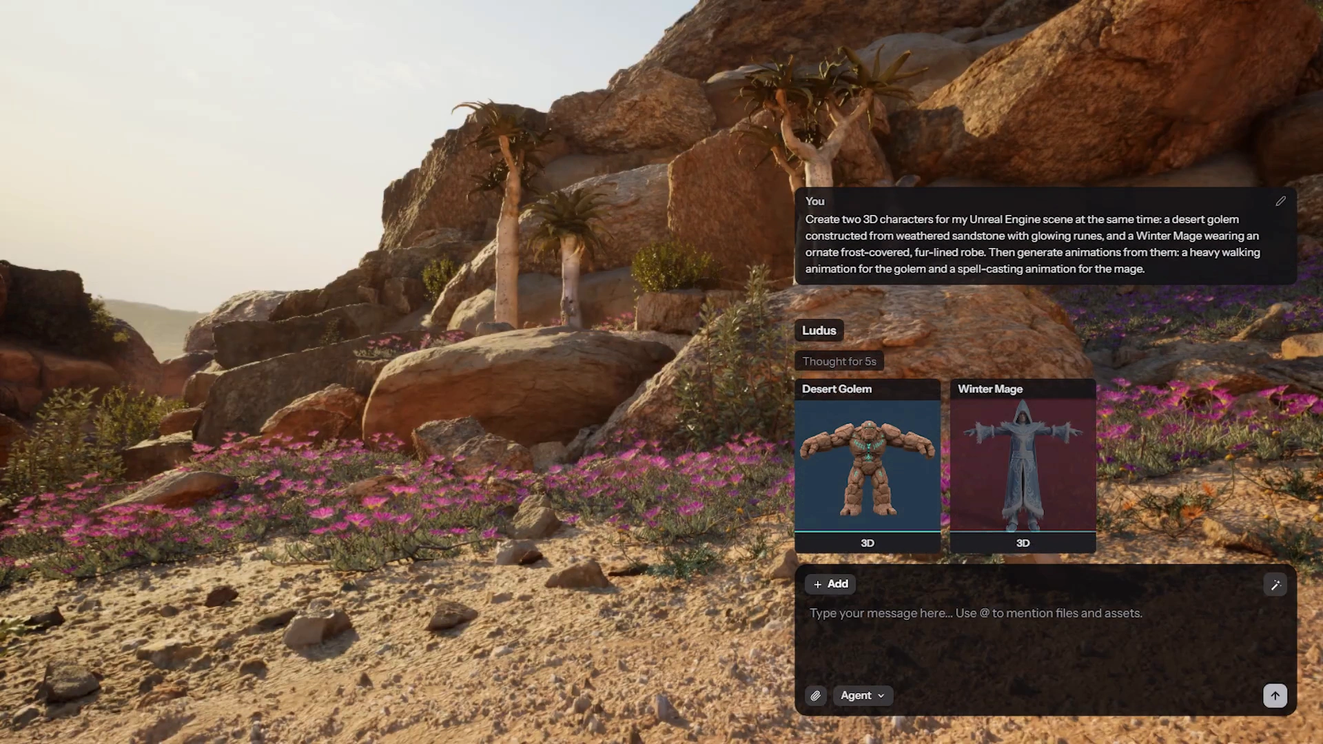 Ludus inside Unreal Engine creating a desert golem and a winter mage from one prompt, over a desert scene with pink flowers