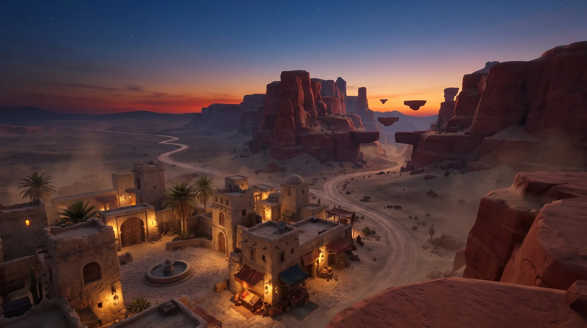 Illustration: a desert town, a bazaar and a canyon of floating platforms at dusk