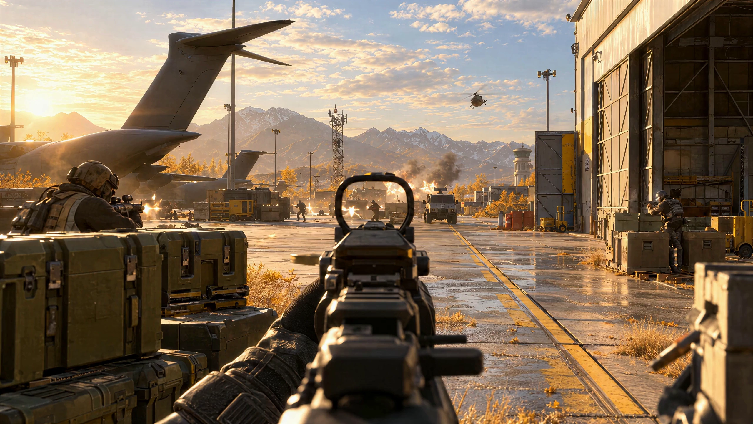 Illustration: first-person view through a holographic sight across an airbase apron at golden hour, a gray cargo plane on the left, an open steel hangar on the right and a teammate firing from behind olive crates at enemies by an armored vehicle