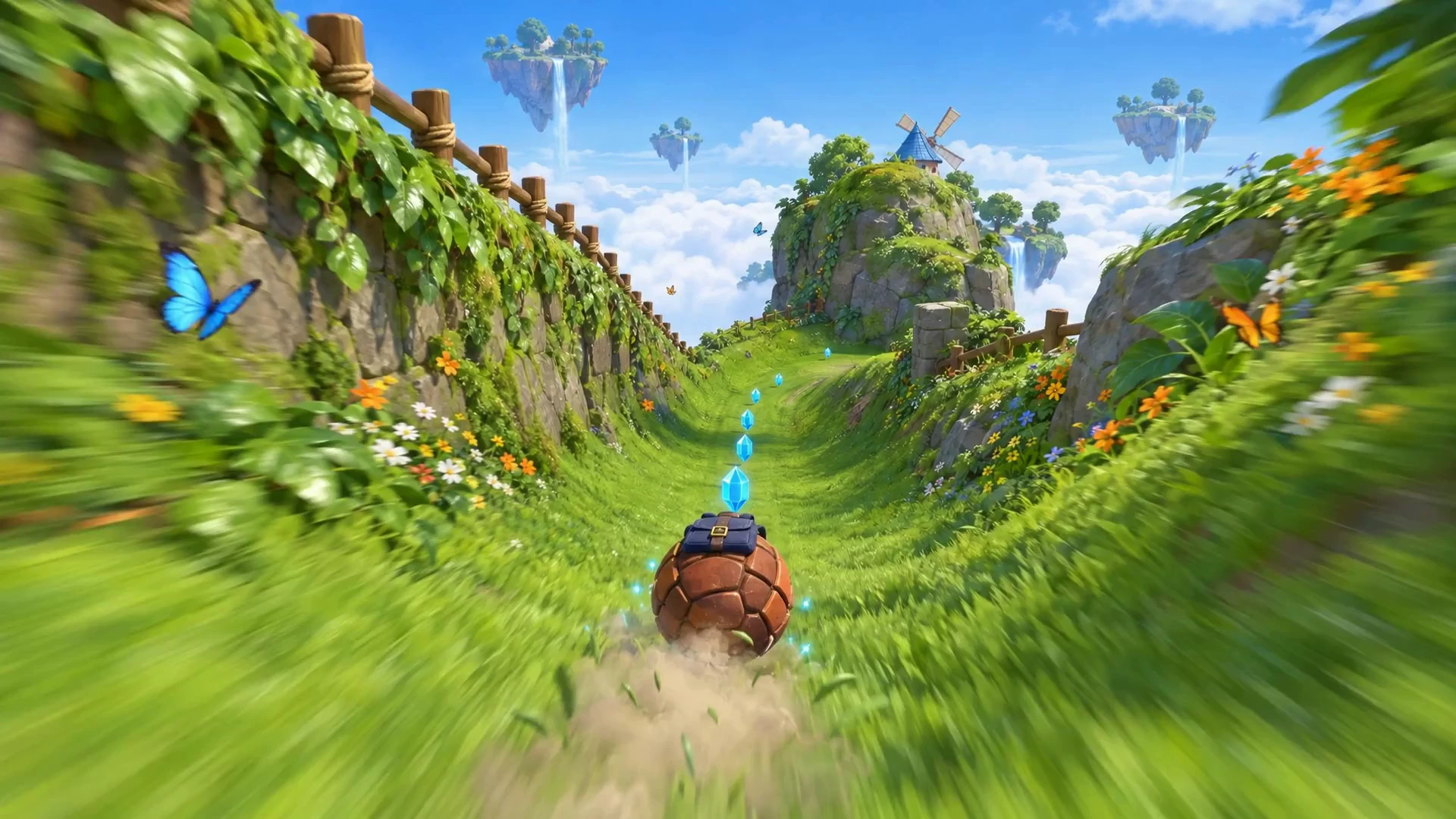 Illustration: a small armadillo with a navy backpack, curled into a ball, rolling down a grassy chute on a floating sky island toward a line of blue crystals