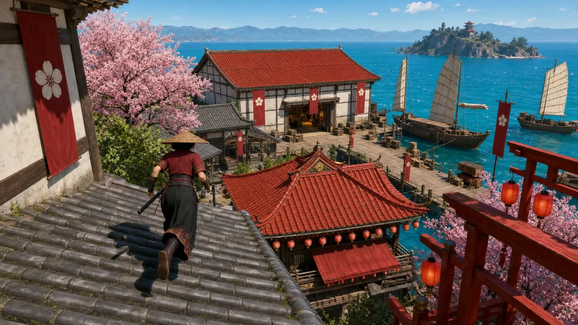 Illustration: a swordswoman in a straw hat runs down a grey tiled roof above a sunny harbour town with red roofs, lanterns, cherry trees and junks on a turquoise sea