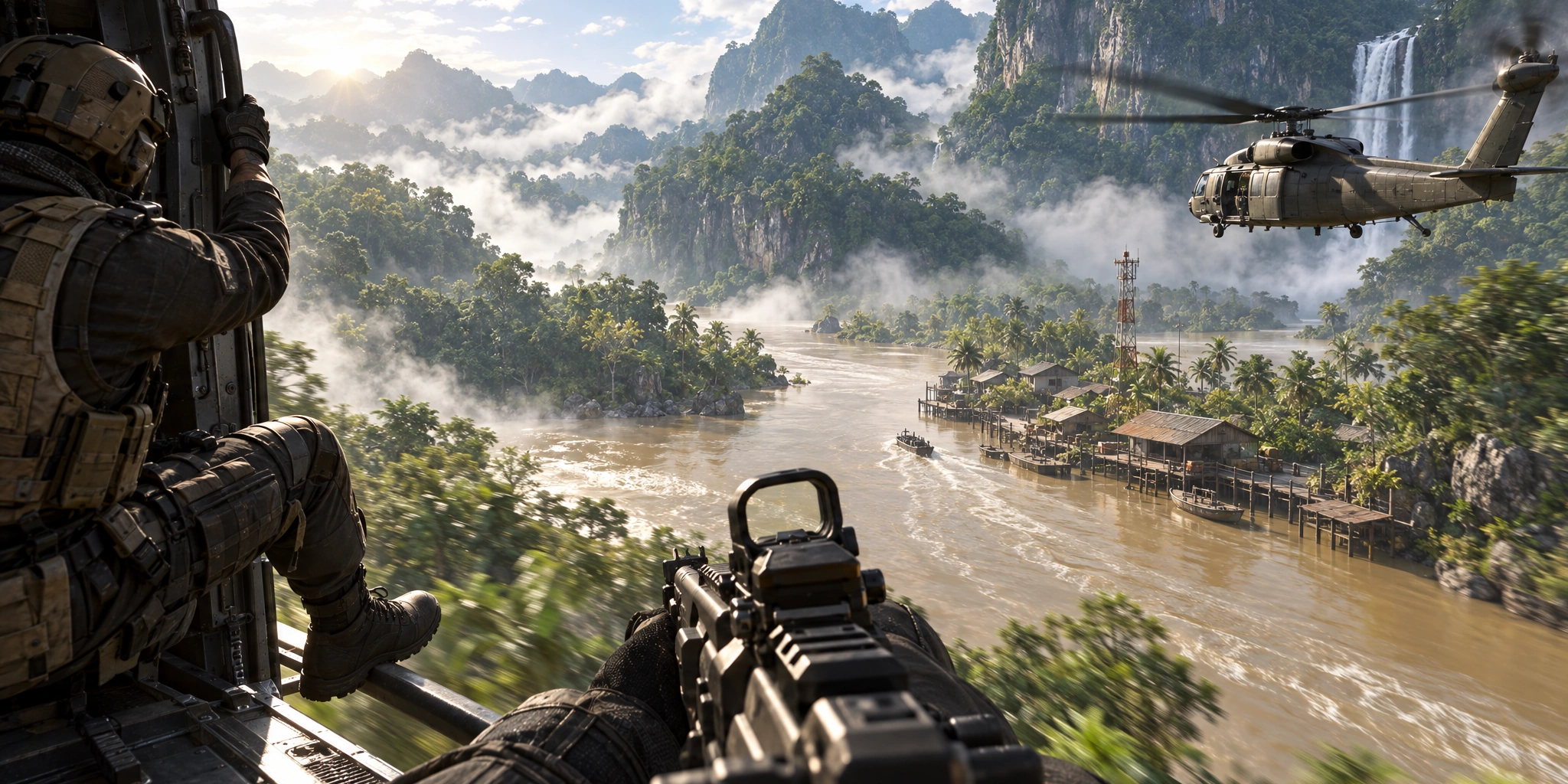 Illustration: a first-person view from the open door of a helicopter flying low along a misty jungle river, a teammate on the skid and a second helicopter alongside, heading for a riverside camp