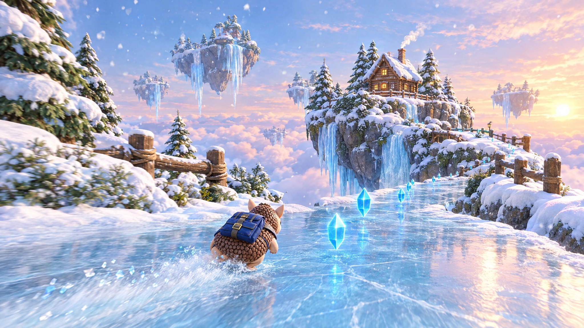 Illustration: an armadillo with a blue backpack slides across a frozen lake on snowy floating islands, collecting blue crystals