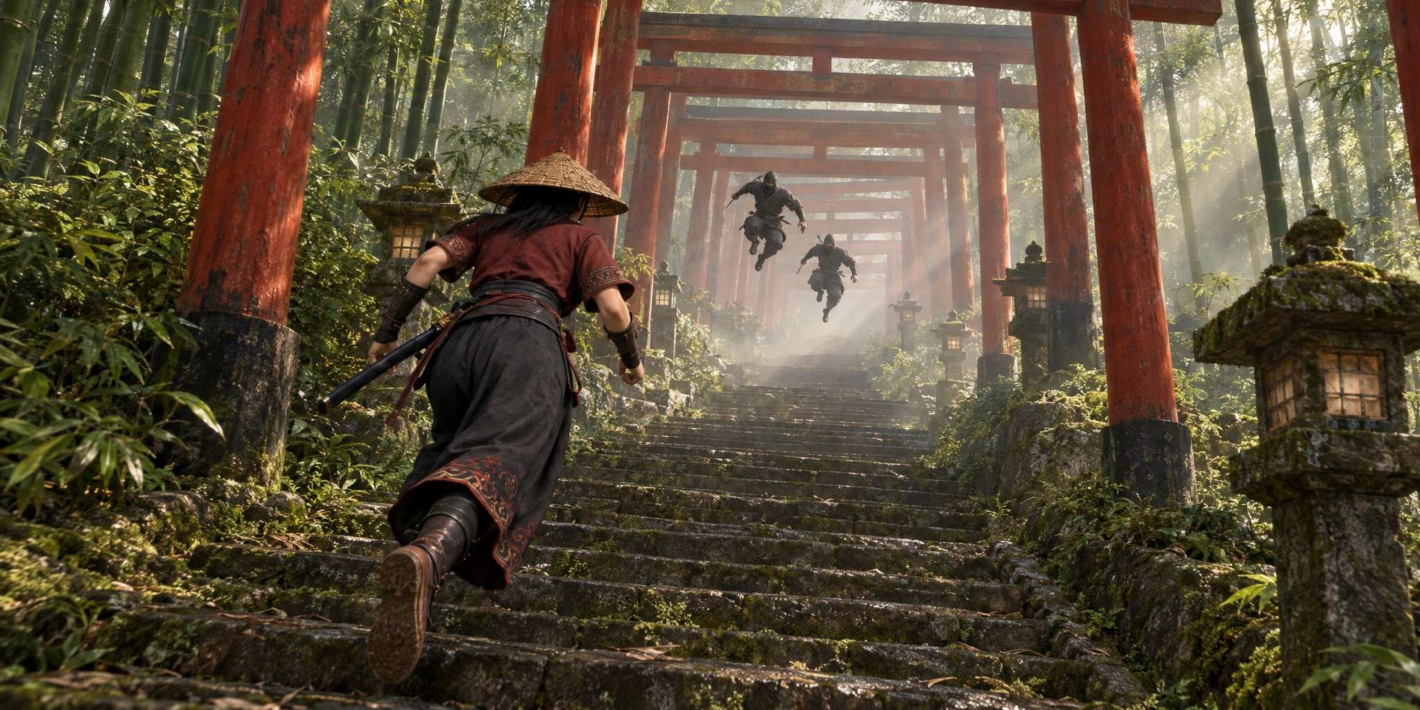 Illustration: a swordswoman running up stone steps through a tunnel of red torii gates in a misty bamboo forest as two ninjas leap toward her