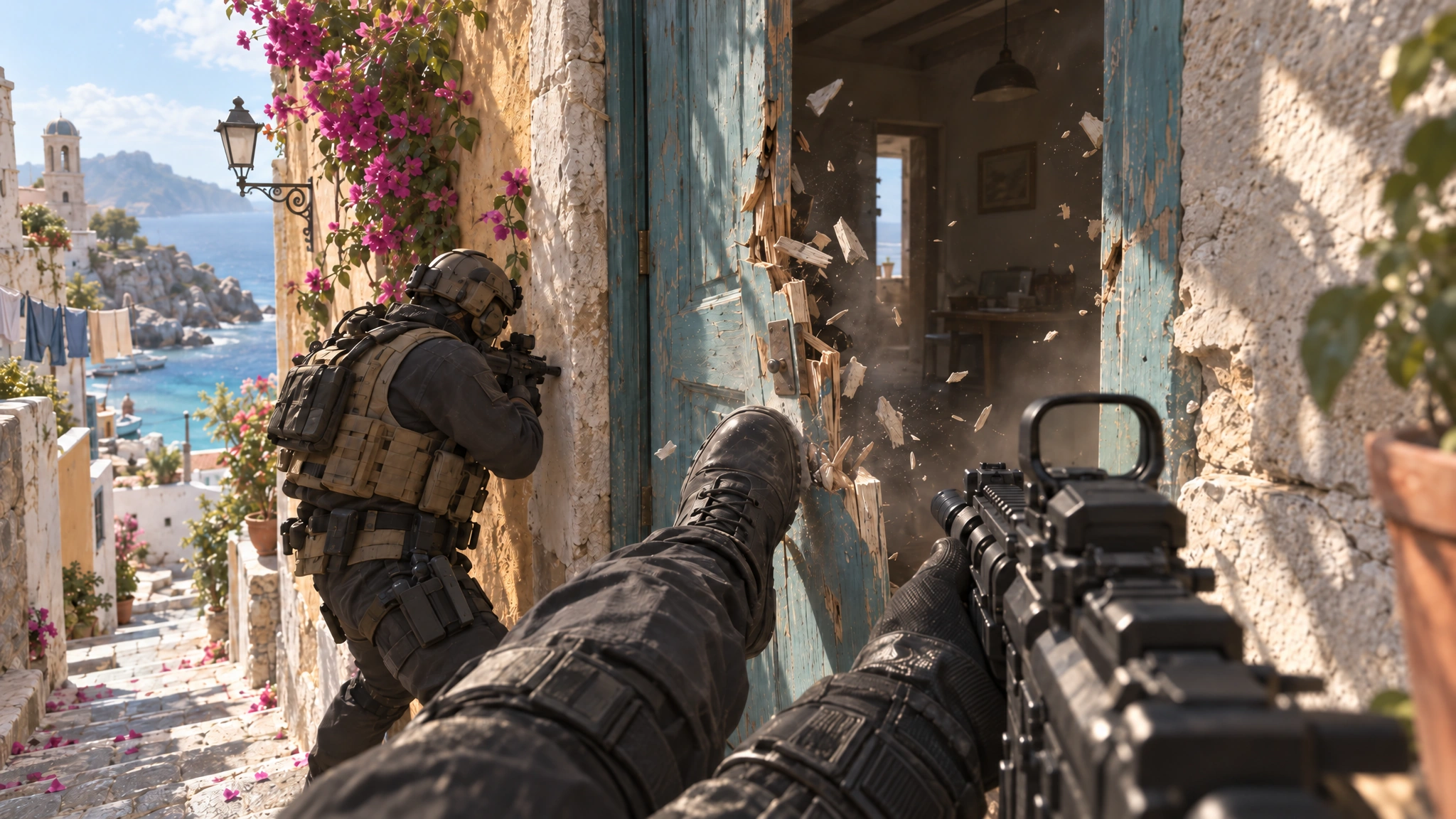Illustration: a first-person kick bursting open a turquoise door in a sunlit seaside town, a teammate stacked against the wall with his rifle up