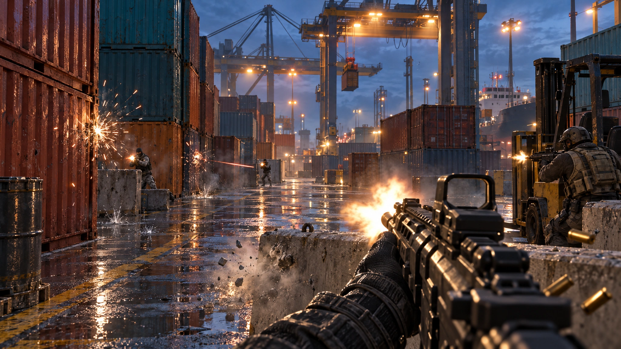 Illustration: a first-person rifle shot down a rain-wet container port at dusk, the muzzle flashing, a tracer streaking and sparks bursting off the steel containers