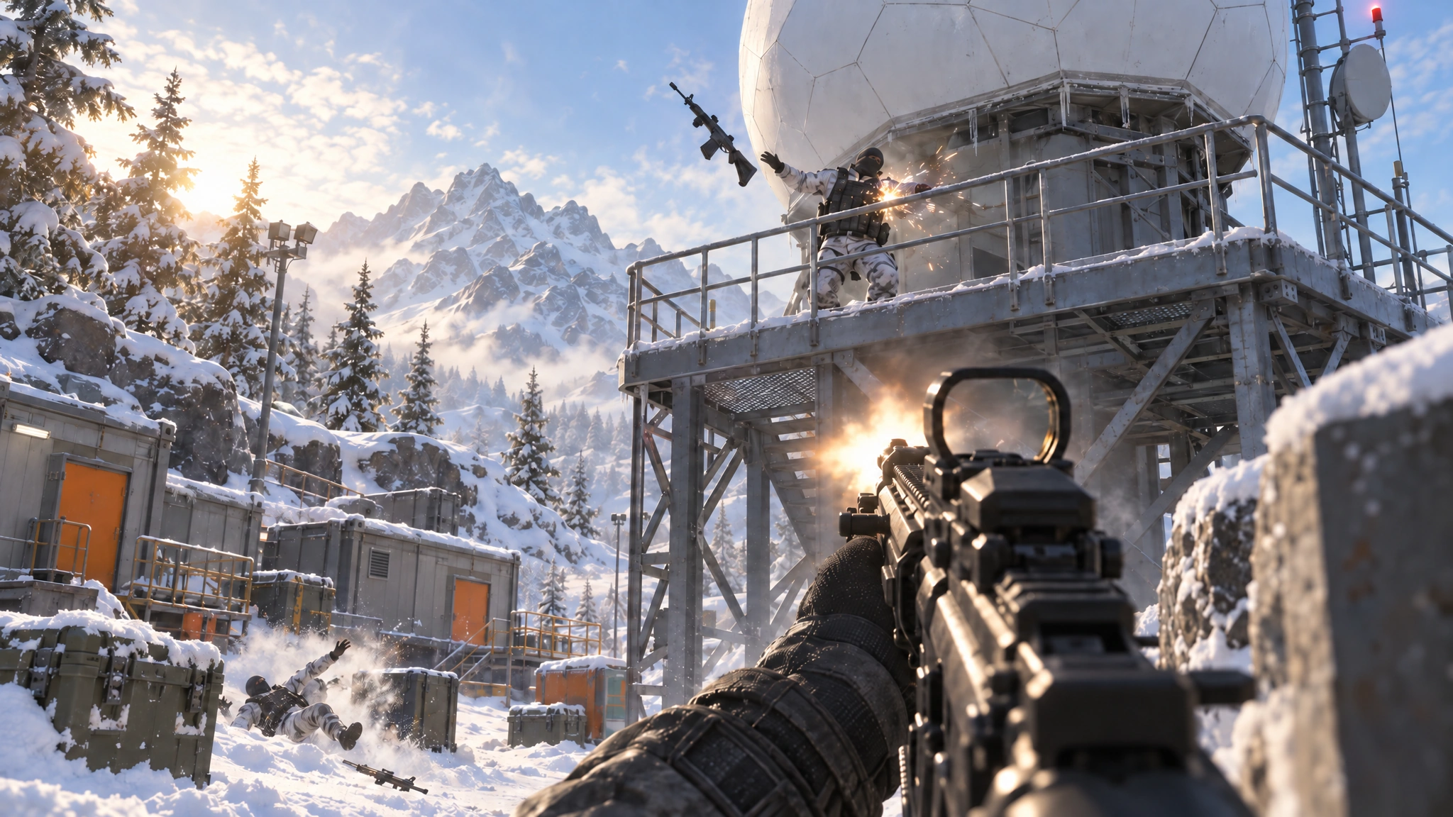 Illustration: at a snowy mountain radar station, an enemy on the tower platform staggers back from a hit in a burst of sparks, his rifle flying, as another falls into the snow