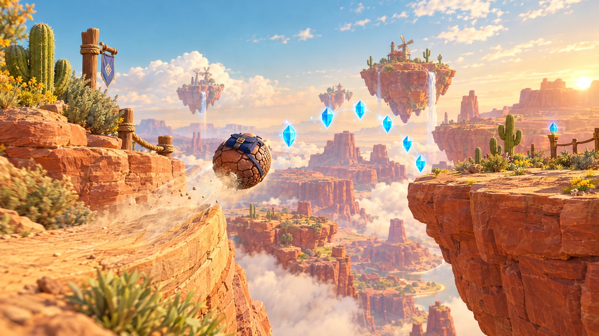 Illustration: an armadillo curled into a ball launches off a sandstone ramp between desert floating islands, crystals arcing over the gap