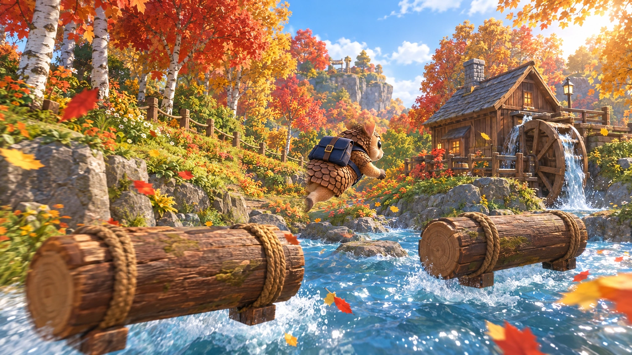 Illustration: an armadillo jumps between log platforms over a river in an autumn forest beside a water mill