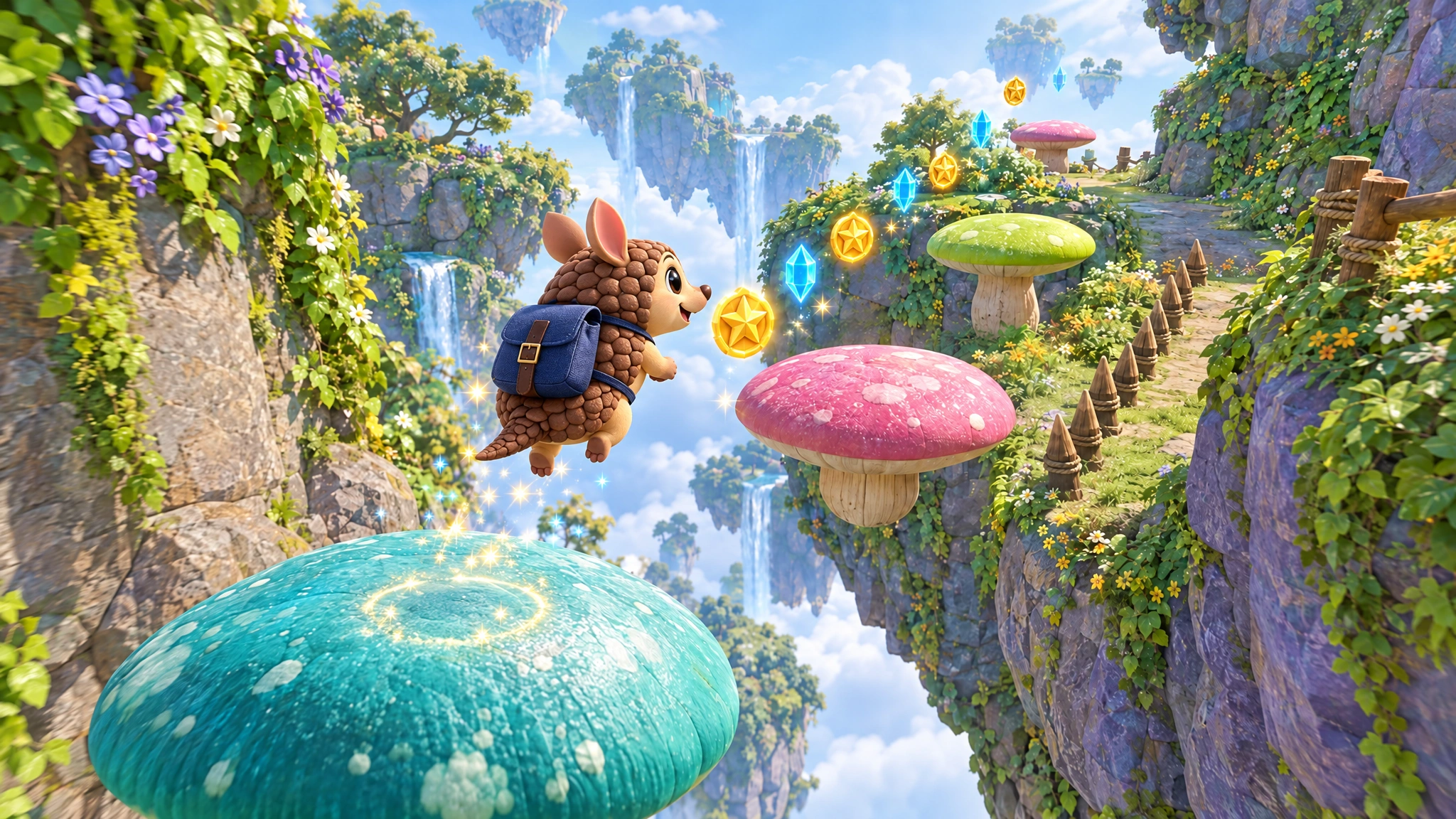 Illustration: an armadillo bounces off a giant teal mushroom toward golden coins and blue crystals on a sunlit cliffside path among floating islands