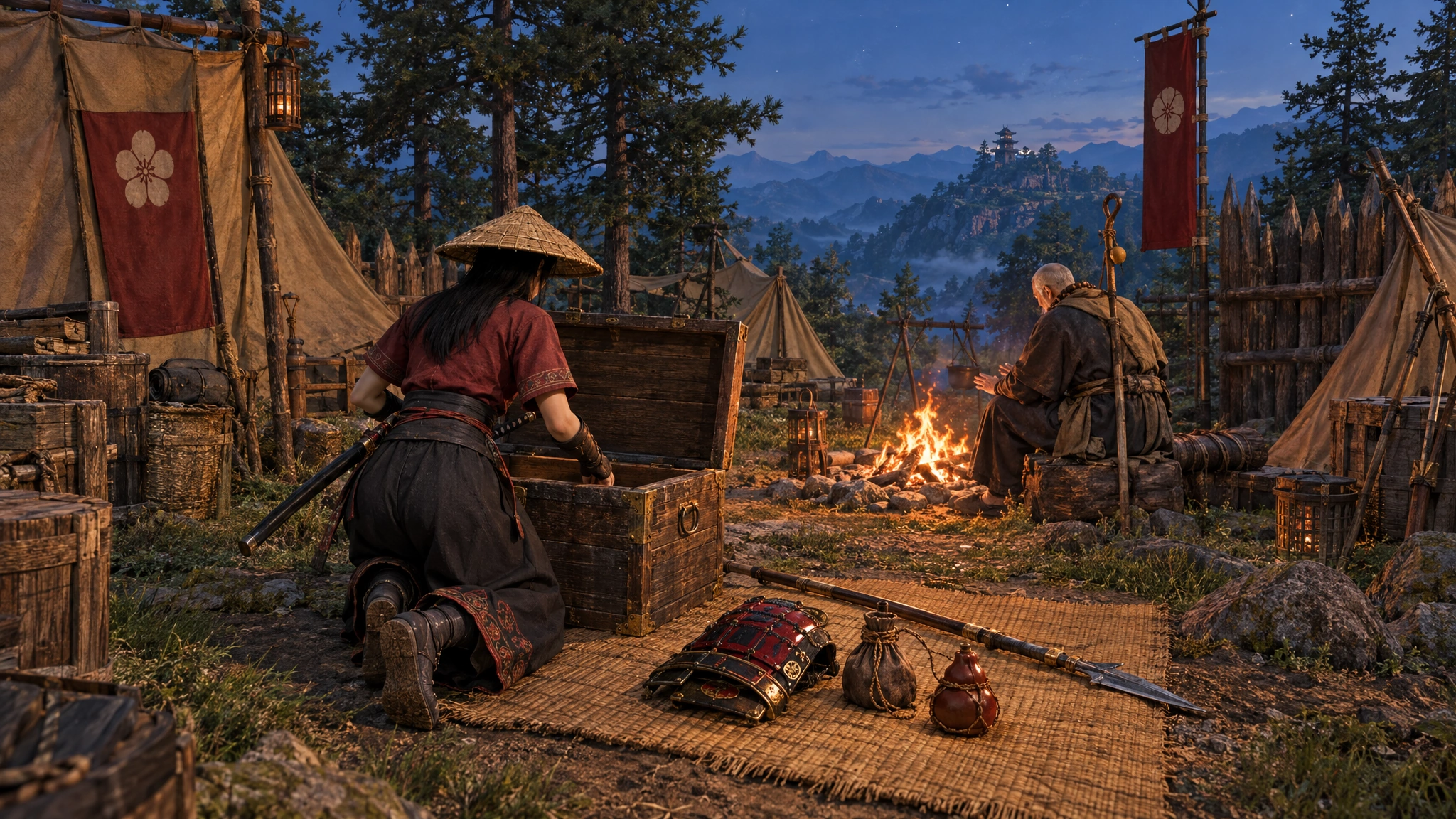 Illustration: at a mountain camp at dusk, a swordswoman lays out loot from a bandit chest while a monk companion warms his hands at the fire