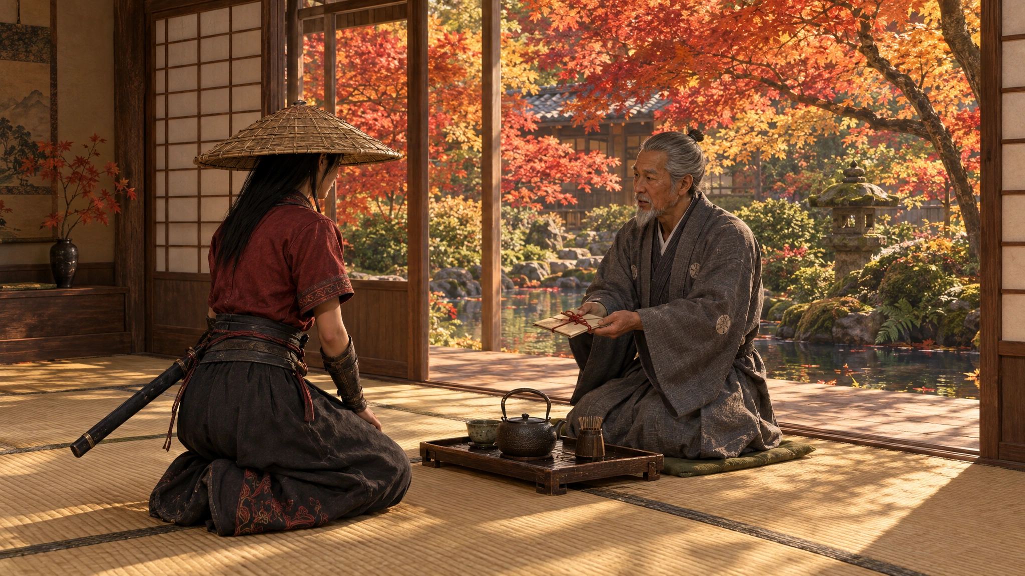 Illustration: in a tea house overlooking an autumn maple garden, an old tea master hands a swordswoman a sealed letter