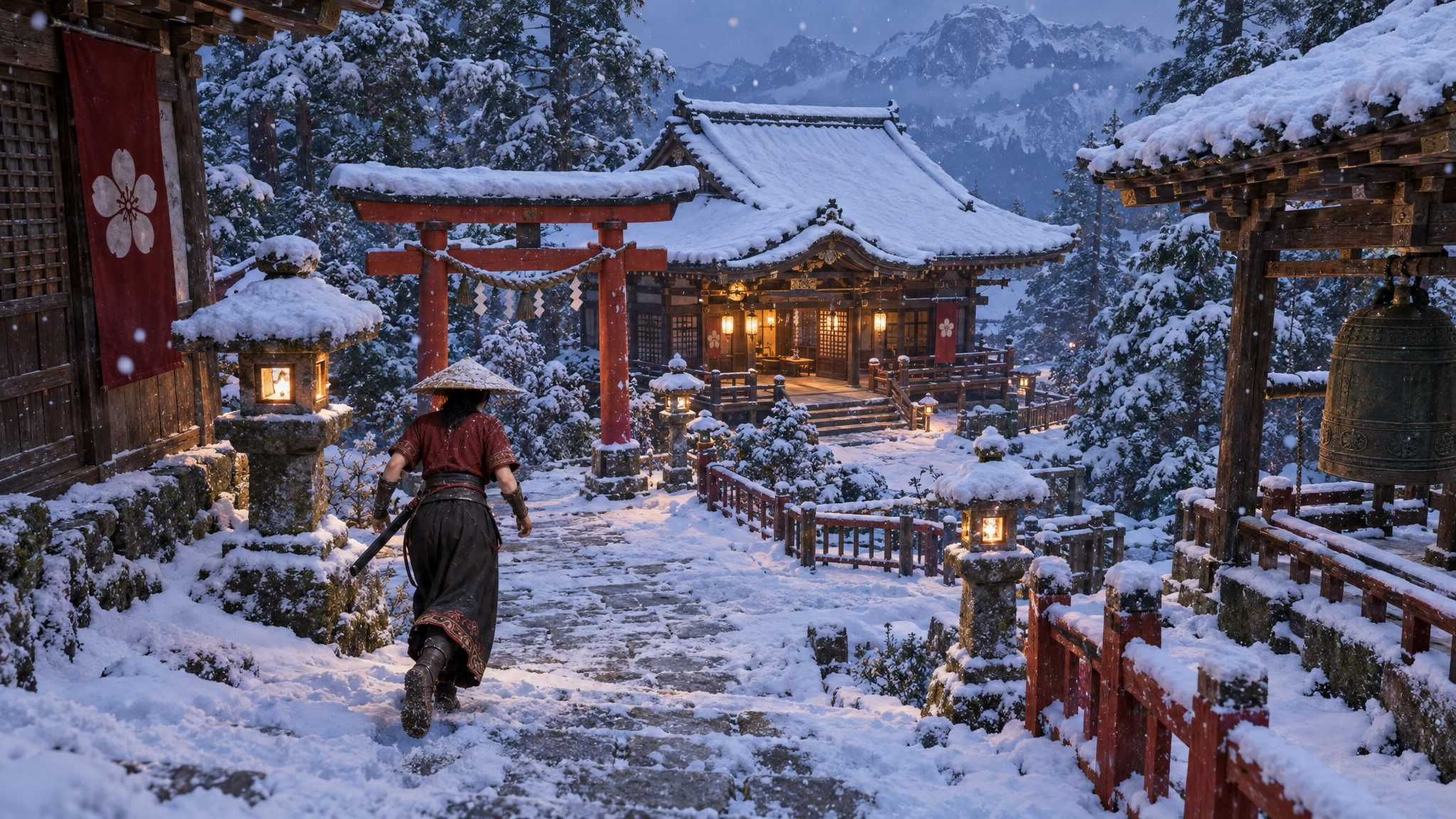 Illustration: a swordswoman crosses a mountain shrine courtyard at dusk as fresh snow settles on the roofs, lanterns and torii gate