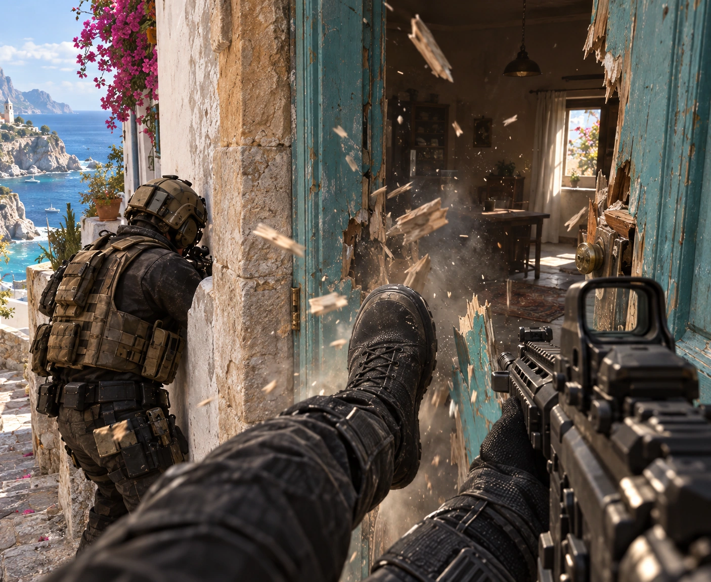 Illustration: a first-person kick bursting open a turquoise door in a sunlit seaside town, a teammate stacked against the wall with his rifle up