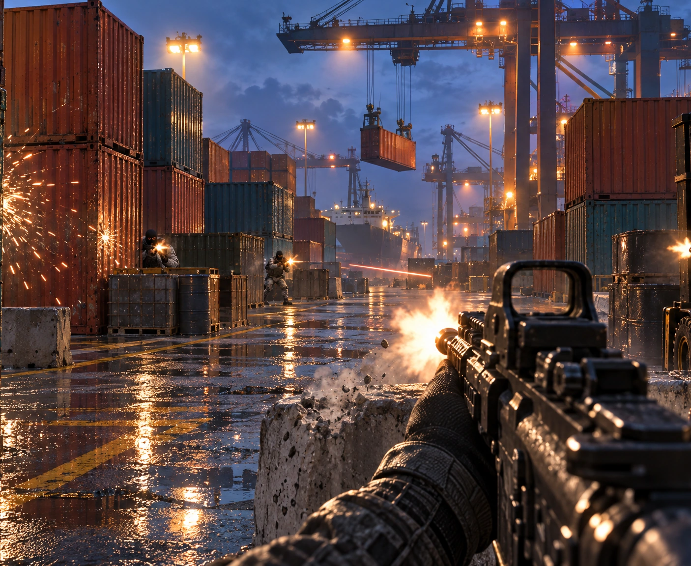 Illustration: a first-person rifle shot down a rain-wet container port at dusk, the muzzle flashing, a tracer streaking and sparks bursting off the steel containers