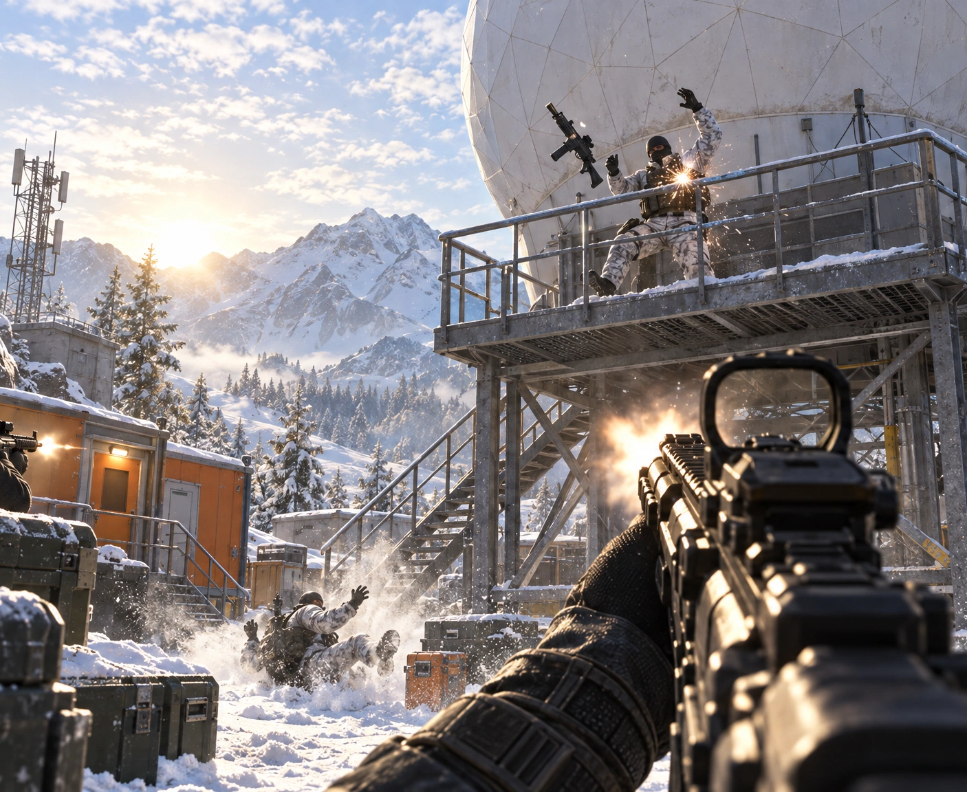 Illustration: at a snowy mountain radar station, an enemy on the tower platform staggers back from a hit in a burst of sparks, his rifle flying, as another falls into the snow