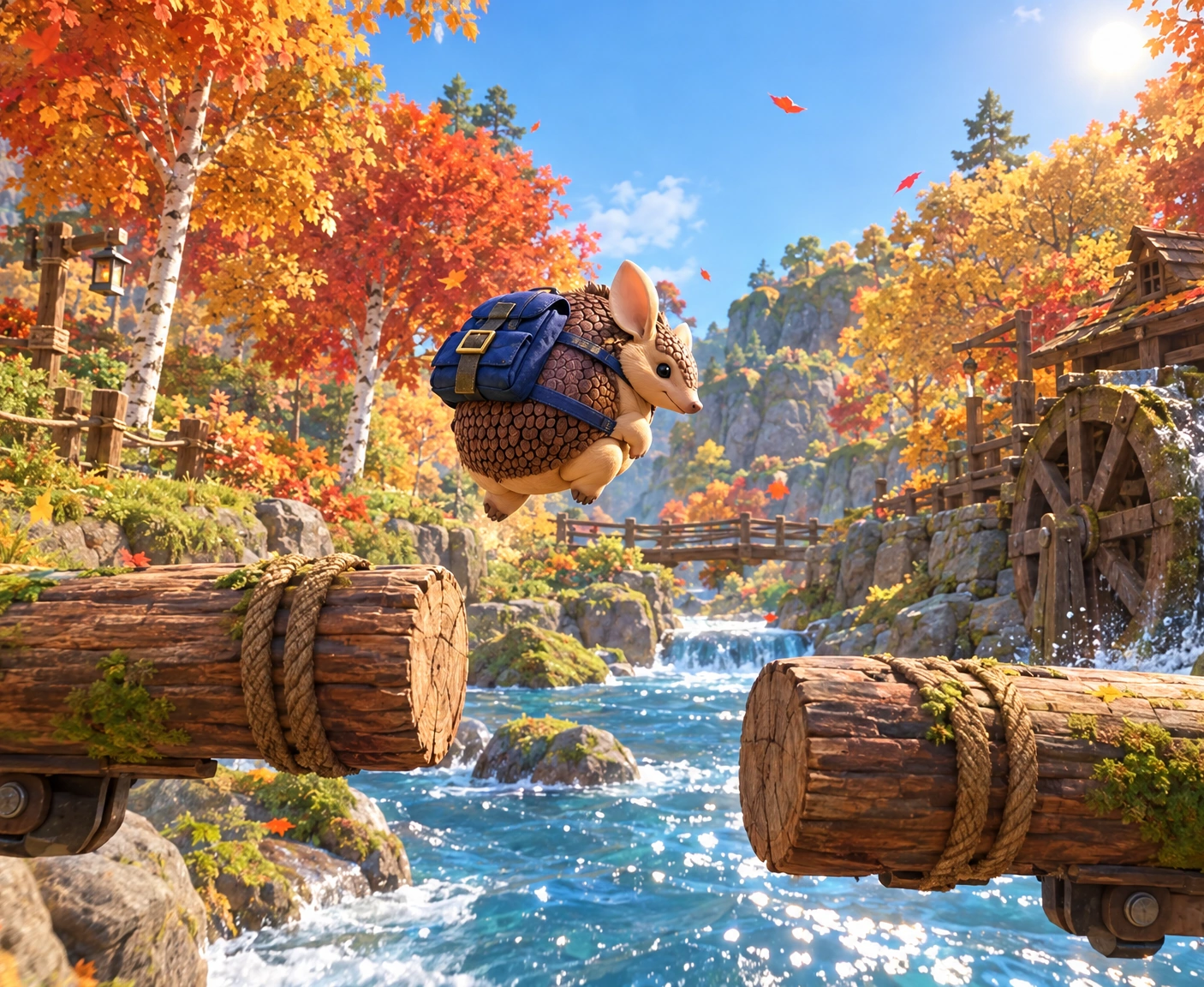 Illustration: an armadillo jumps between log platforms over a river in an autumn forest beside a water mill