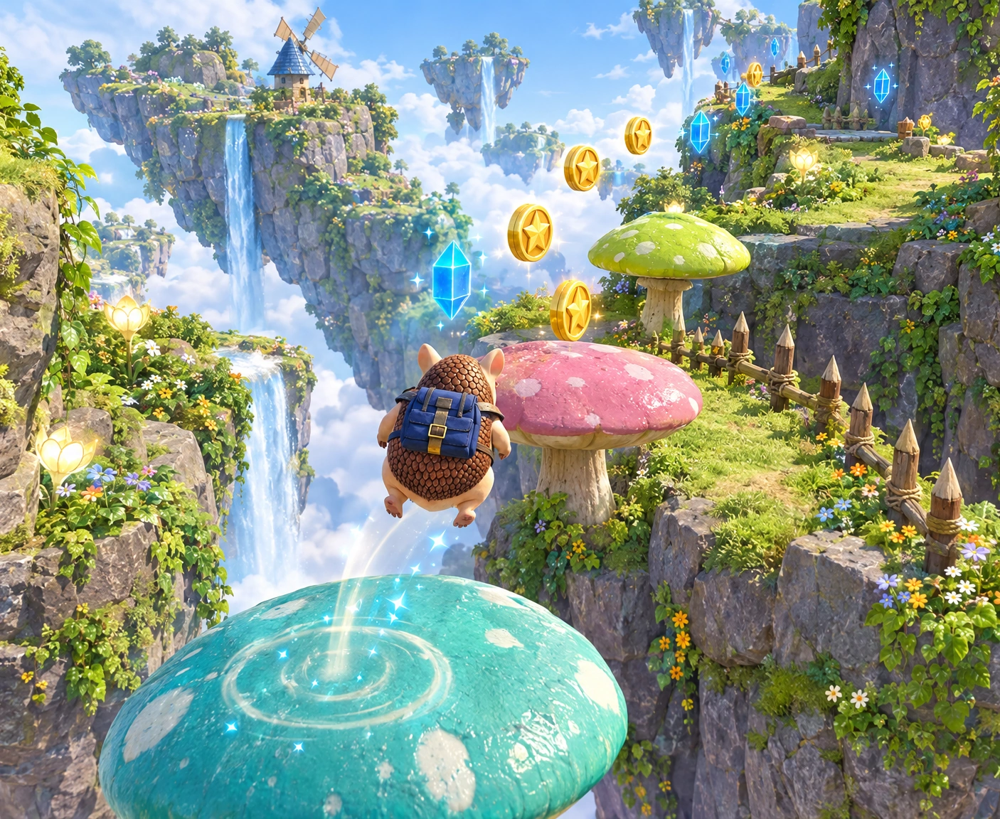 Illustration: an armadillo bounces off a giant teal mushroom toward golden coins and blue crystals on a sunlit cliffside path among floating islands