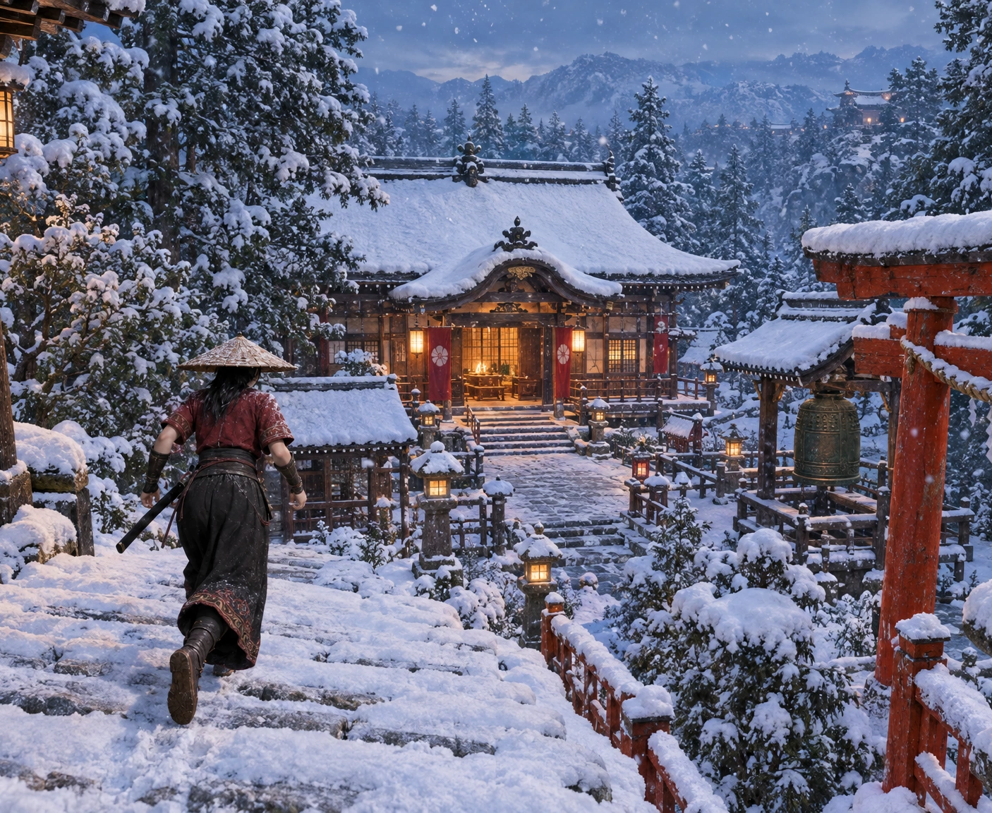 Ilustración: una espadachina cruza al anochecer el patio de un santuario de montaña mientras la nieve fresca se posa sobre los tejados, los faroles y el torii